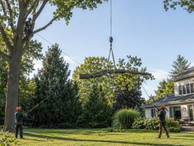 Cut section flown out over the lawn on a crane sling