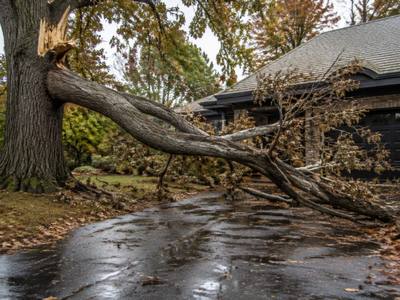 Storm-broken limb down across a driveway after heavy rain