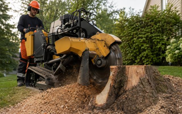 Grinder wheel cutting into a stump with the chips coming off the face