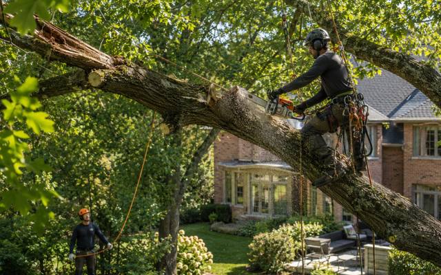 Long heavy limb reaching over a house, held on rigging line while it is cut