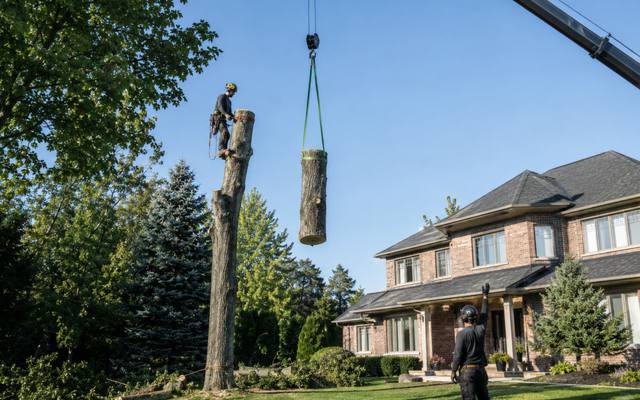 Trunk section lifted clear by crane while the climber works down the spar